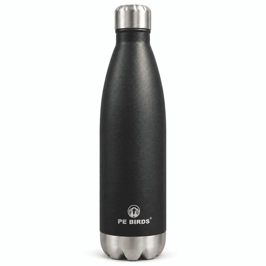 Black PE BIRDS Cola insulated water bottle with stainless steel lid and base, front view.