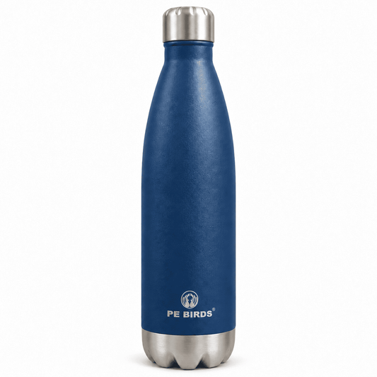 Blue PE BIRDS Cola insulated water bottle with stainless steel lid and base, front view.