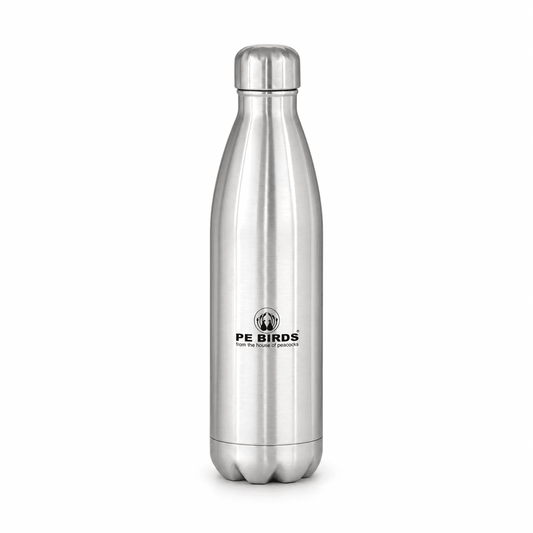 Silver PE BIRDS Cola stainless steel insulated water bottle with steel lid, front view.