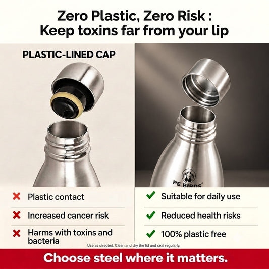 Comparison of a plastic-lined cap and the stainless steel interior of a PE BIRDS Cola bottle lid.