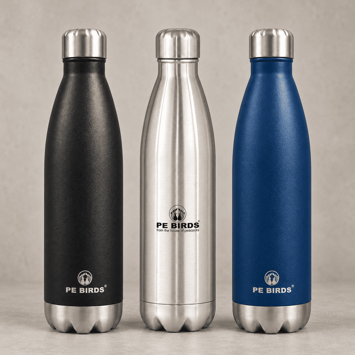PE BIRDS Cola water bottles in Black, Silver and Blue, each with a stainless steel lid