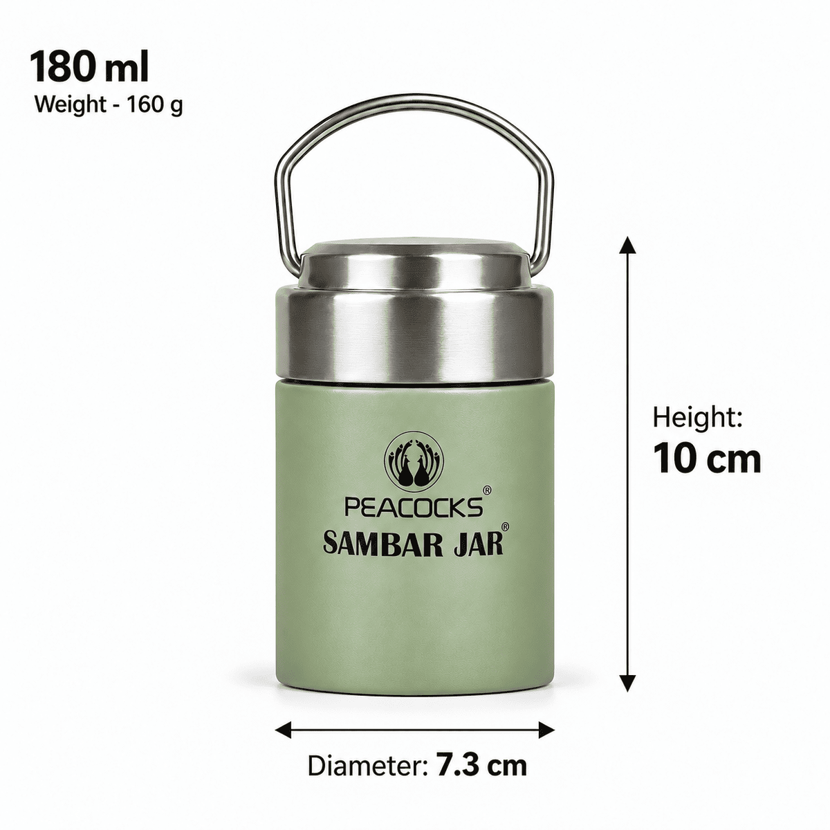 Green PE BIRDS Flow 180 ml insulated food jar with labelled height, diameter and weight.