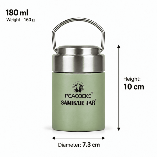 Green PE BIRDS Flow 180 ml insulated food jar with labelled height, diameter and weight.