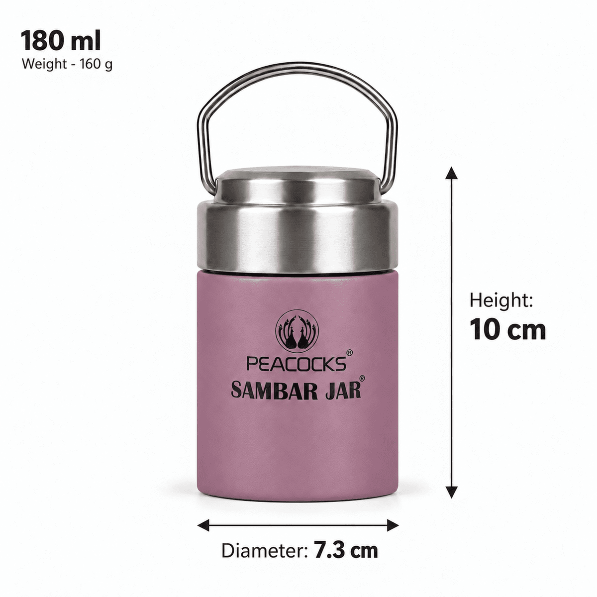 Purple PE BIRDS Flow 180 ml sambar jar with labelled height, diameter and weight.