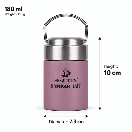 Purple PE BIRDS Flow 180 ml sambar jar with labelled height, diameter and weight.
