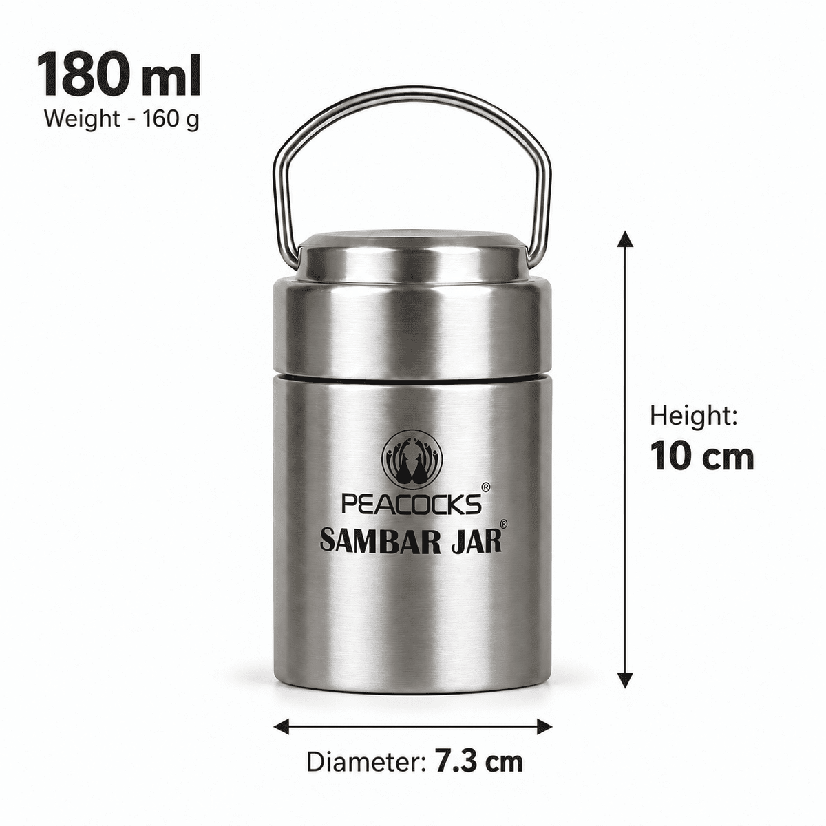 Stainless steel PE BIRDS Flow 180 ml food jar with labelled dimensions and weight.