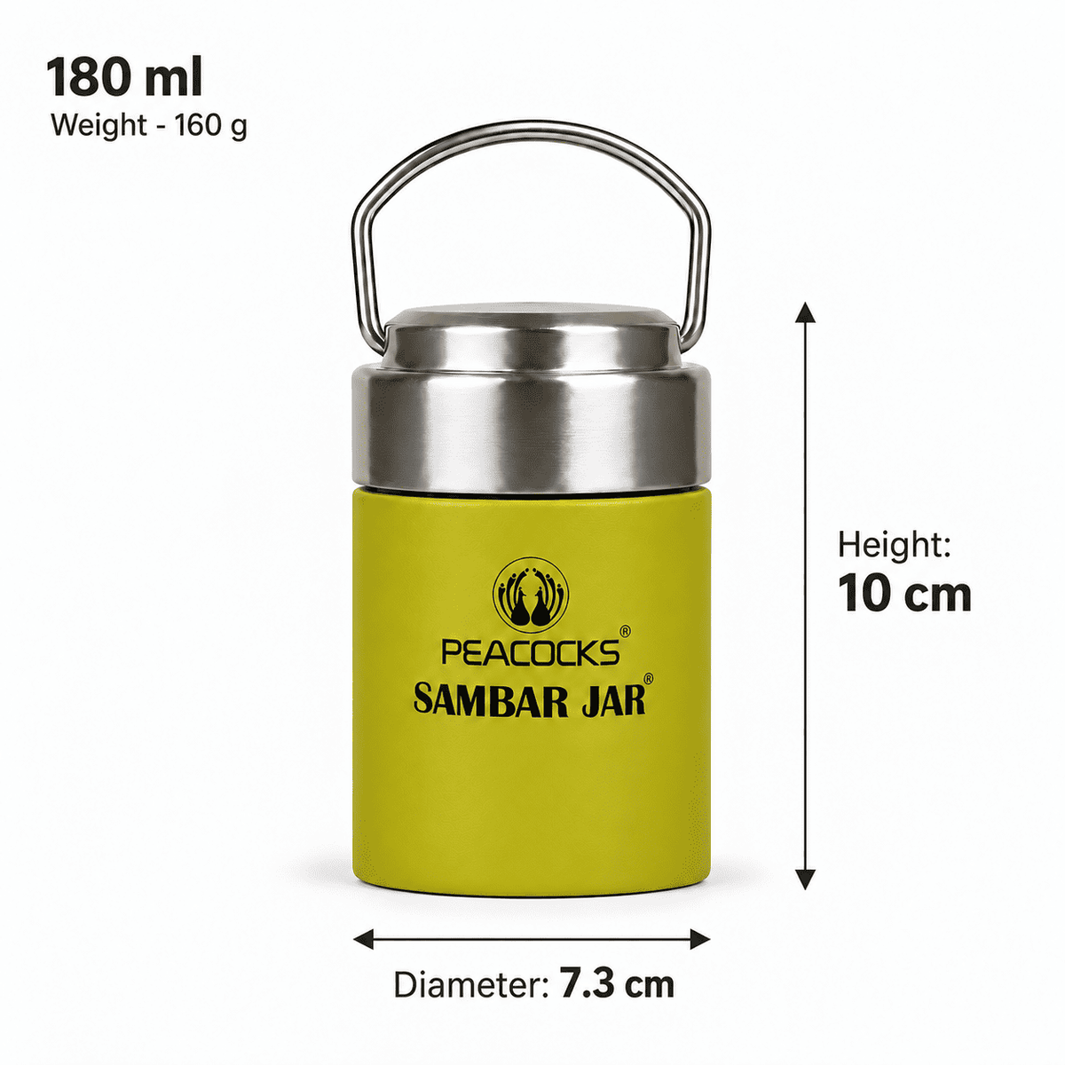Yellow PE BIRDS Flow 180 ml sambar jar with labelled height, diameter and weight.