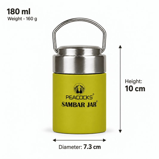 Yellow PE BIRDS Flow 180 ml sambar jar with labelled height, diameter and weight.