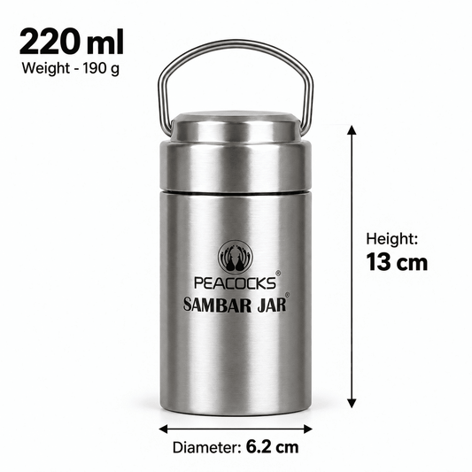 Stainless steel PE BIRDS Flow 220 ml sambar jar with labelled height, diameter and weight.
