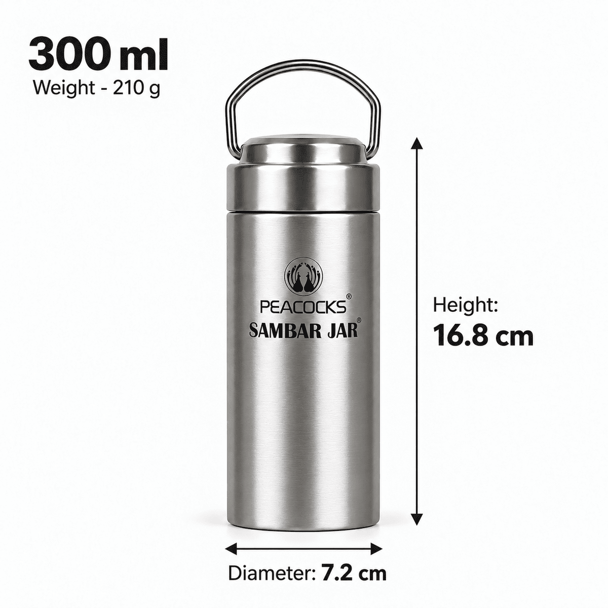 Stainless steel PE BIRDS Flow 300 ml insulated food jar with labelled dimensions and weight.