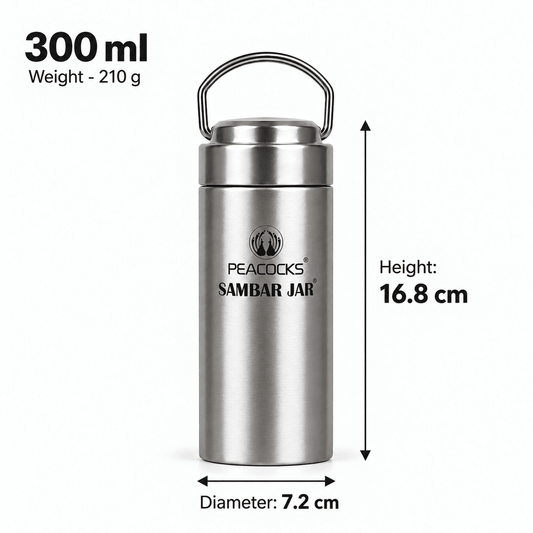Stainless steel PE BIRDS Flow 300 ml insulated food jar with labelled dimensions and weight.