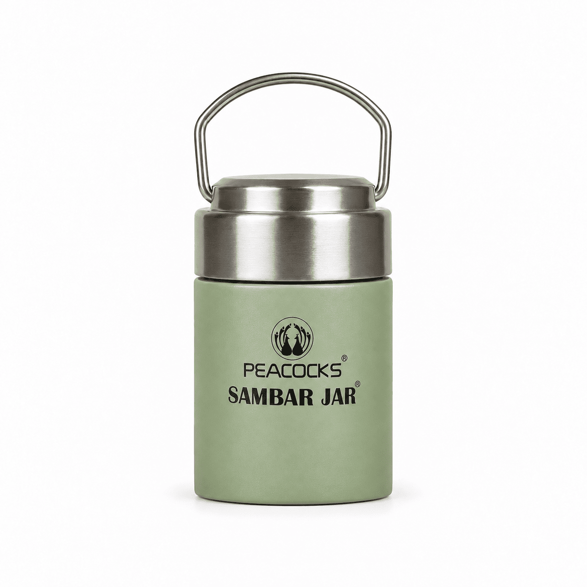Green PE BIRDS Flow insulated sambar jar with steel lid, shown on a white background.