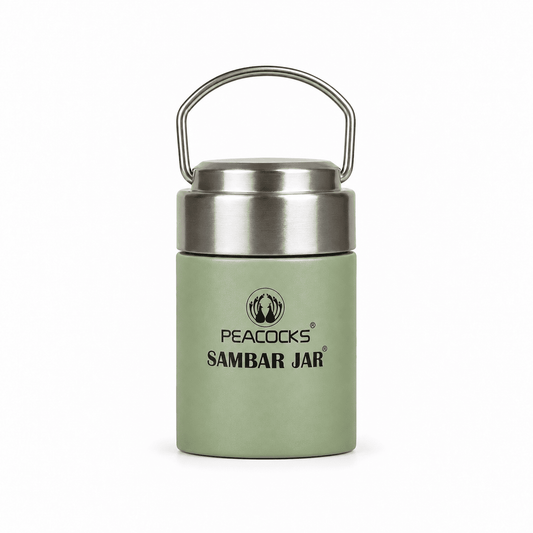 Green PE BIRDS Flow insulated sambar jar with steel lid, shown on a white background.
