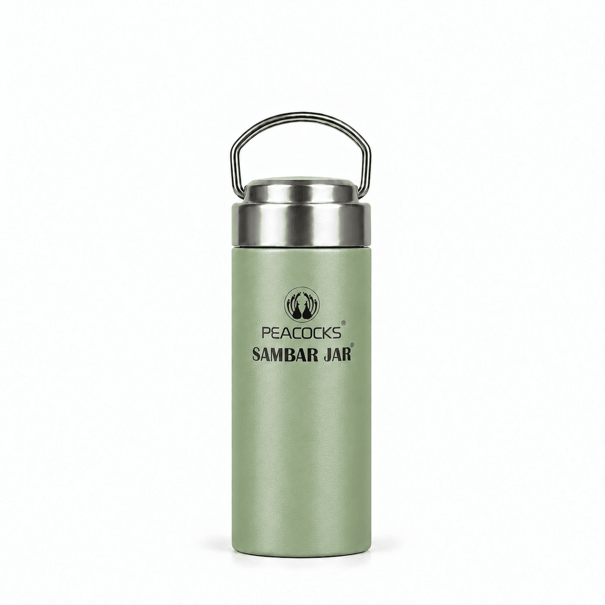 Slender green PE BIRDS Flow sambar jar with stainless steel lid and carry handle.