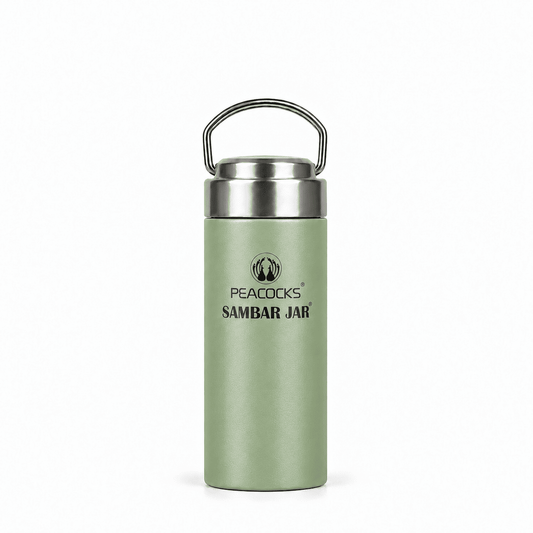 Slender green PE BIRDS Flow sambar jar with stainless steel lid and carry handle.