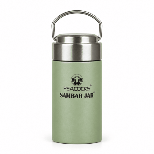 Tall green PE BIRDS Flow insulated food jar with stainless steel lid and carry handle.