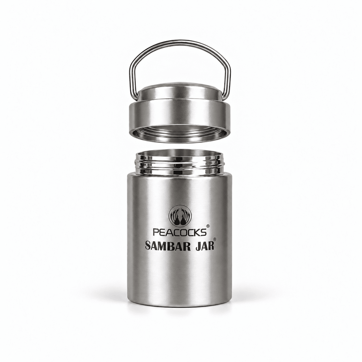 Exploded view of the PE BIRDS Flow sambar jar showing its steel body and separated lid components.