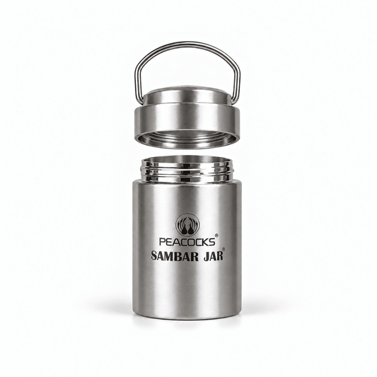 Exploded view of the PE BIRDS Flow sambar jar showing its steel body and separated lid components.