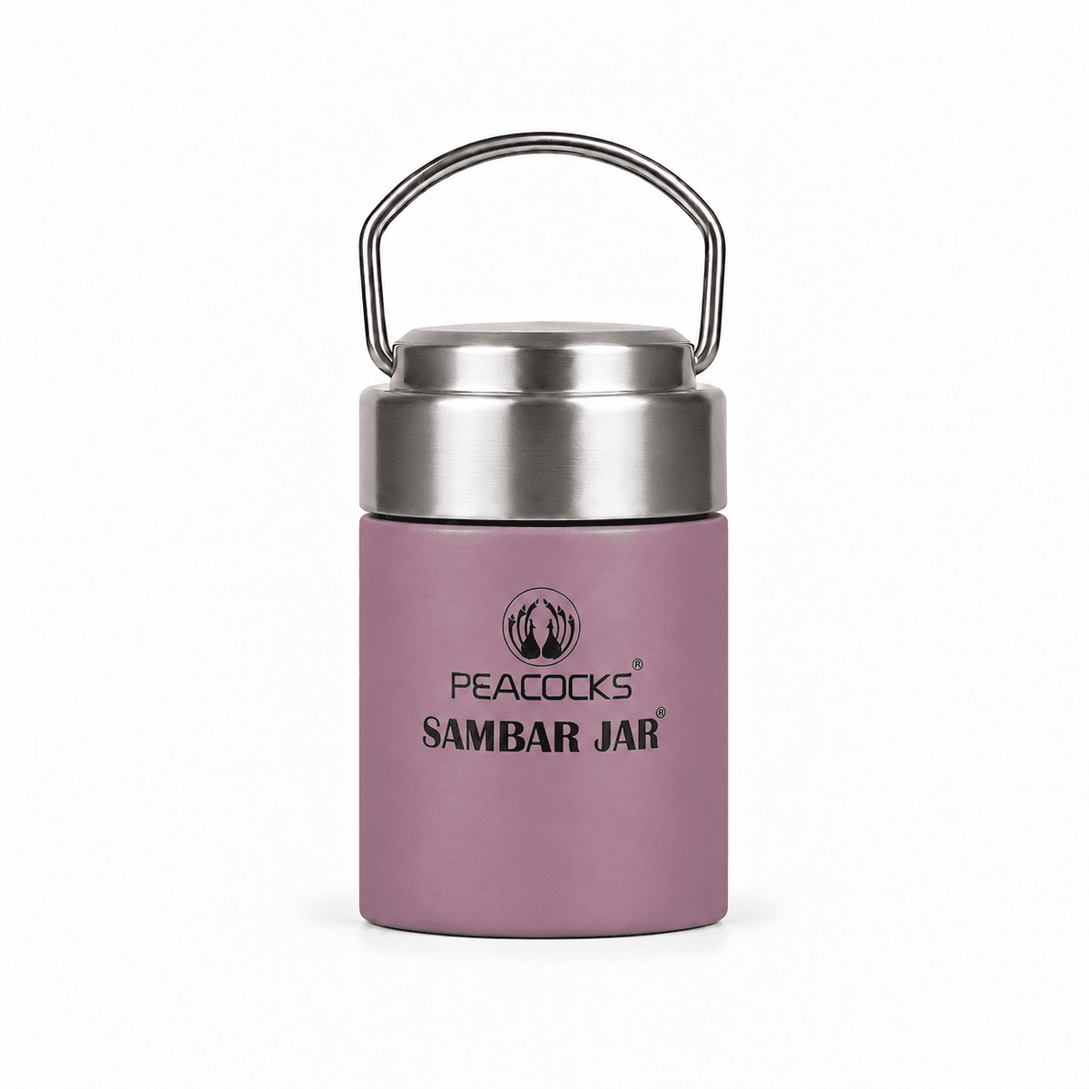 Purple PE BIRDS Flow insulated sambar jar with steel lid and carry handle, front view.