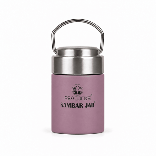 Purple PE BIRDS Flow insulated sambar jar with steel lid and carry handle, front view.