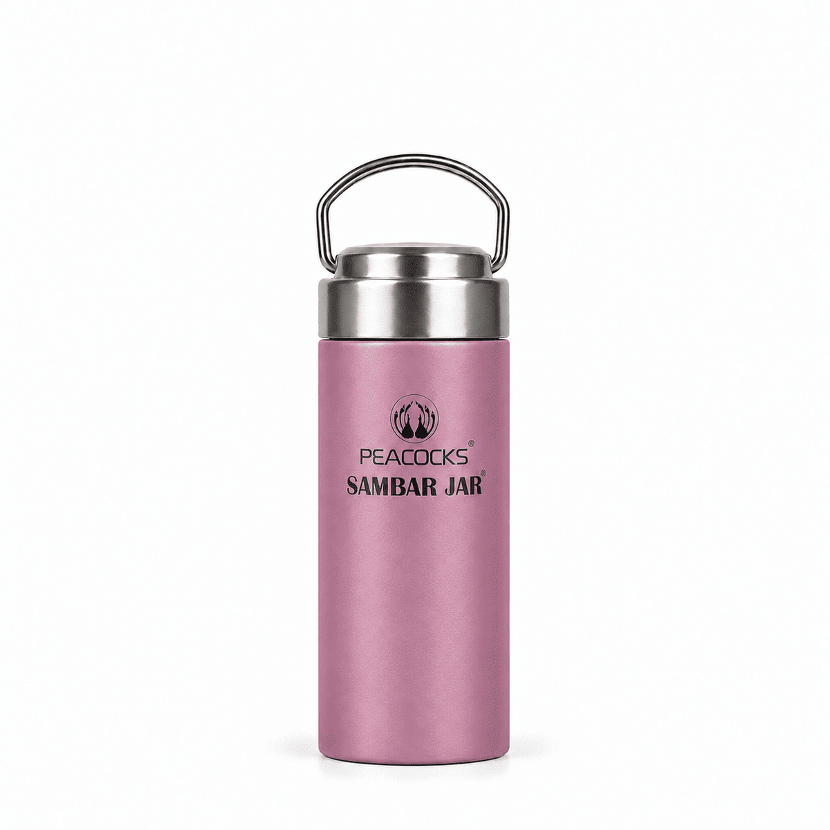 Slender PE BIRDS Flow food jar with a mauve-purple finish, steel lid and carry handle.