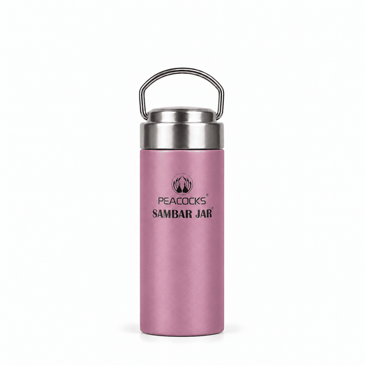 Slender PE BIRDS Flow food jar with a mauve-purple finish, steel lid and carry handle.