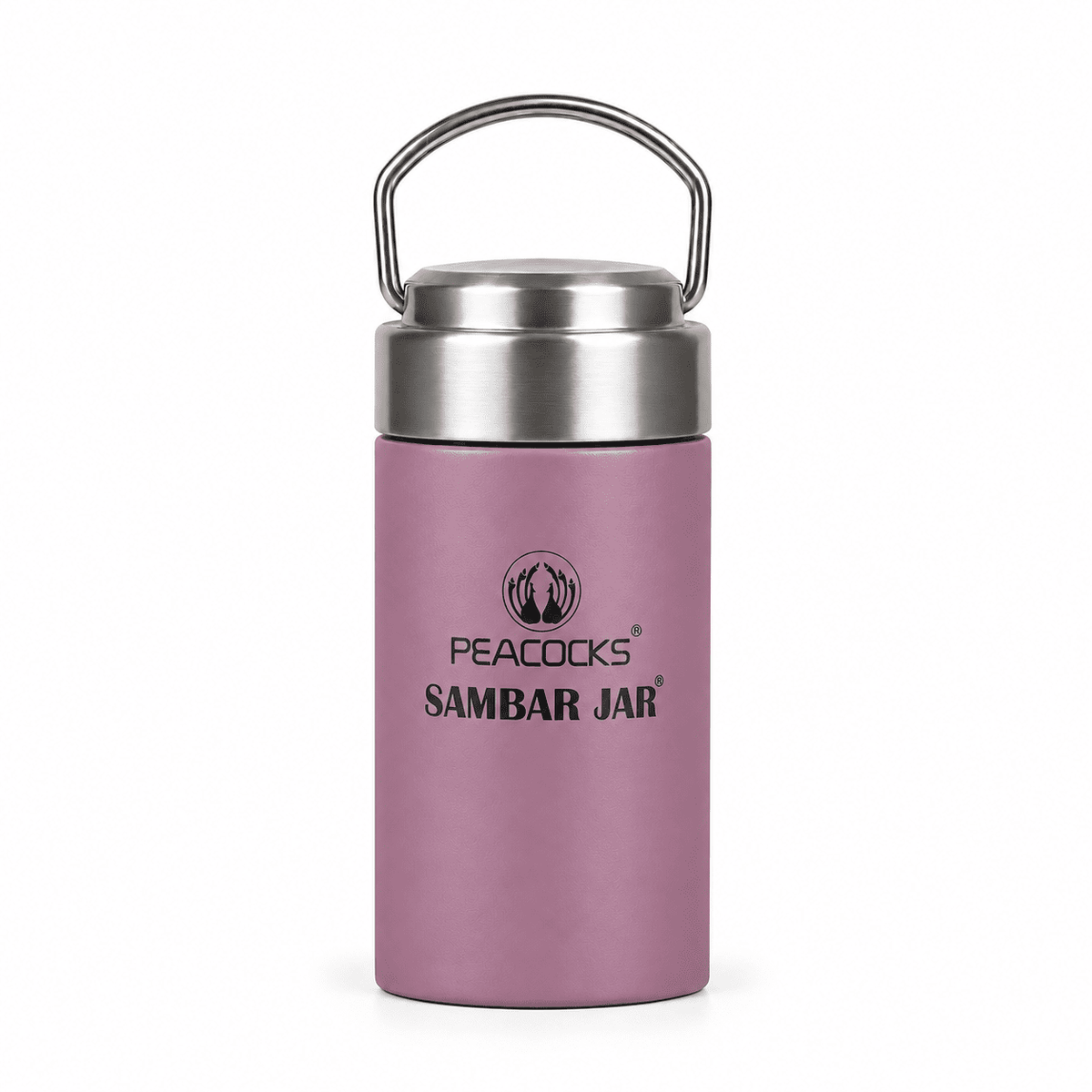 Tall purple PE BIRDS Flow insulated sambar jar with stainless steel lid and carry handle.