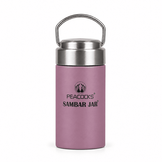 Tall purple PE BIRDS Flow insulated sambar jar with stainless steel lid and carry handle.