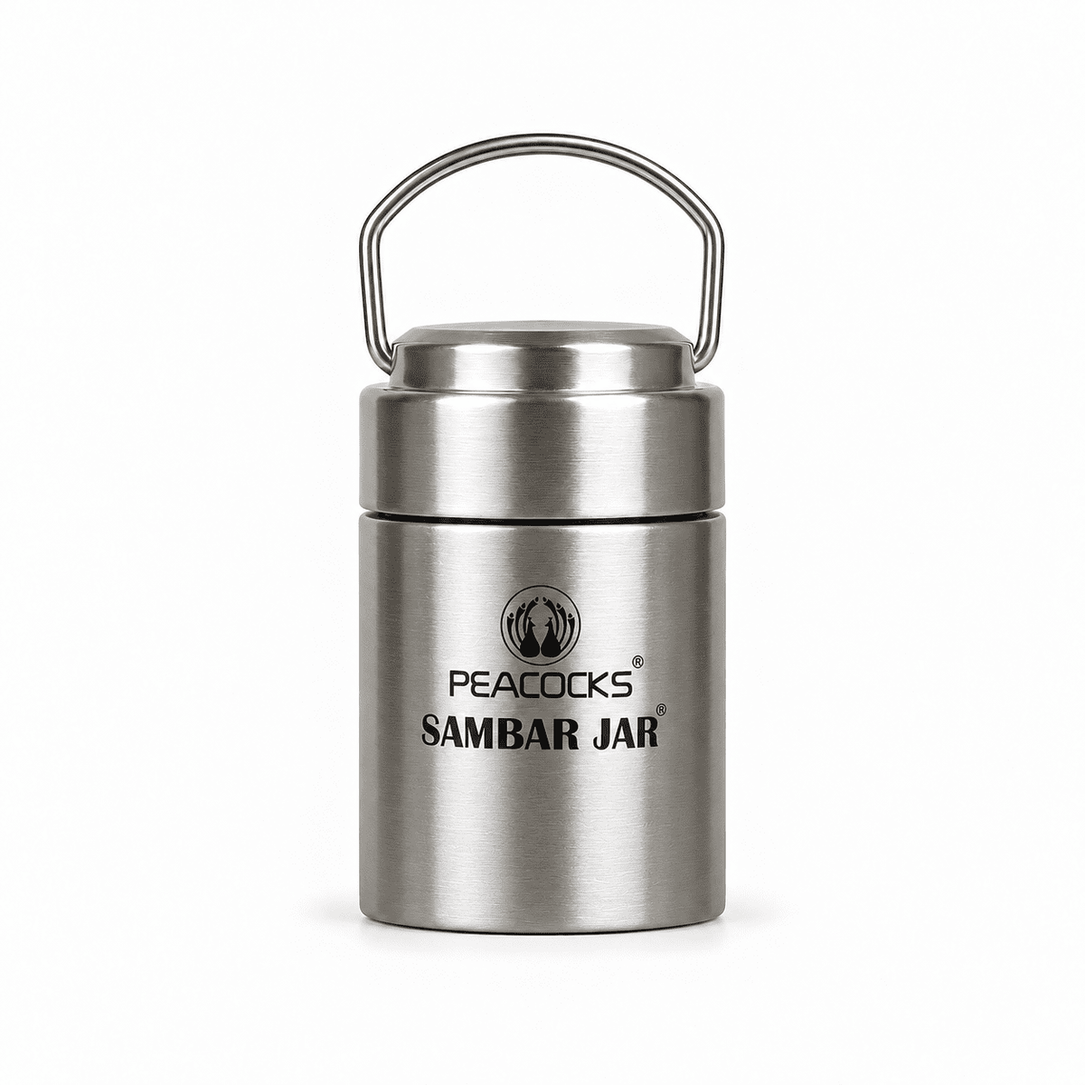 Brushed stainless steel PE BIRDS Flow food jar with steel lid and carry handle.