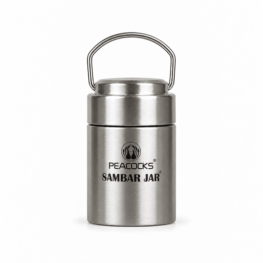 Brushed stainless steel PE BIRDS Flow food jar with steel lid and carry handle.