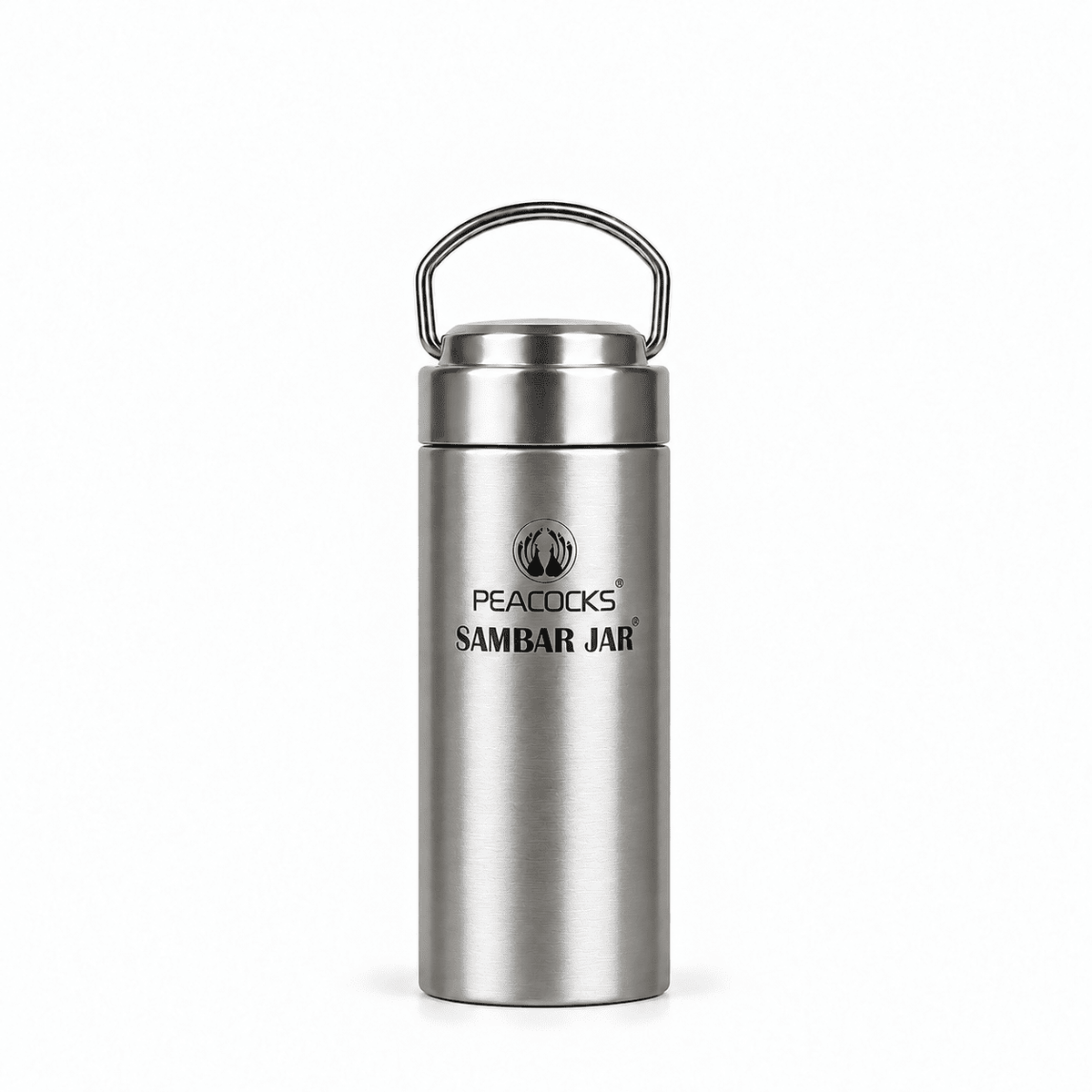 Slender stainless steel PE BIRDS Flow insulated sambar jar with steel lid and carry handle.