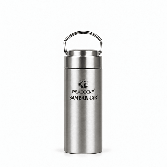 Slender stainless steel PE BIRDS Flow insulated sambar jar with steel lid and carry handle.