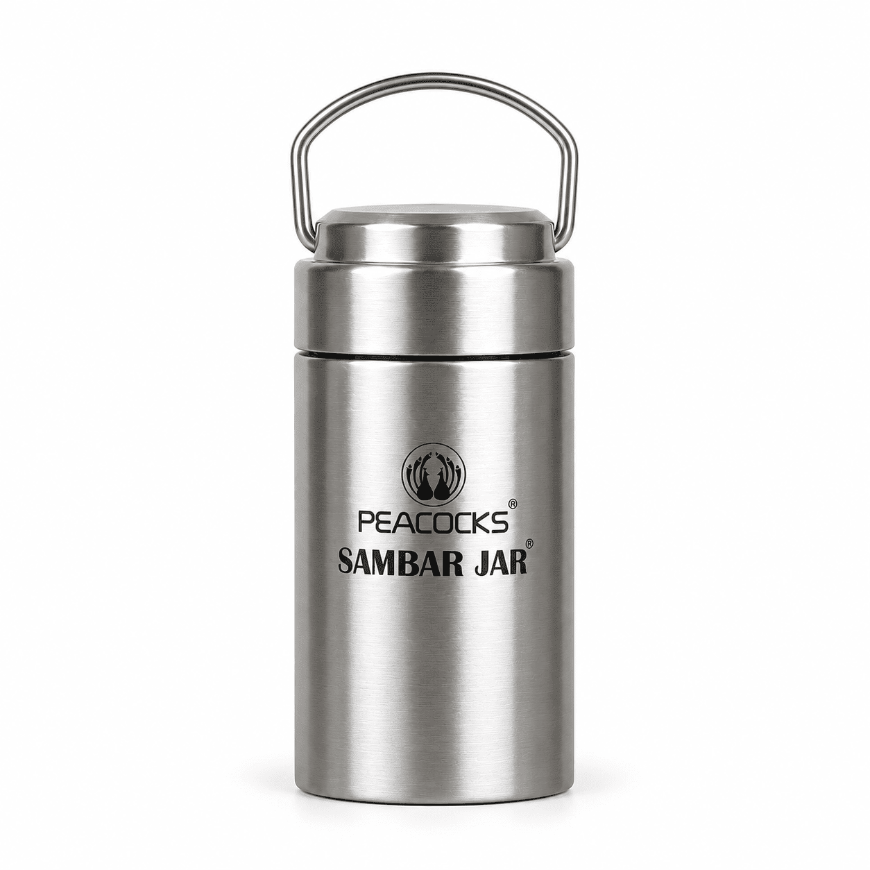 Tall brushed steel PE BIRDS Flow insulated sambar jar with steel lid and carry handle.