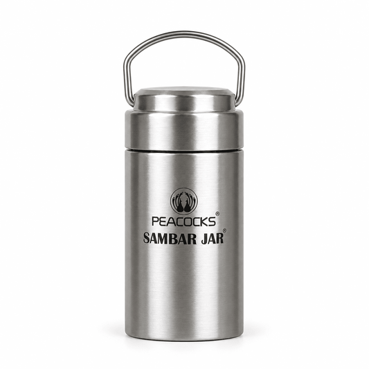 Tall brushed steel PE BIRDS Flow insulated sambar jar with steel lid and carry handle.