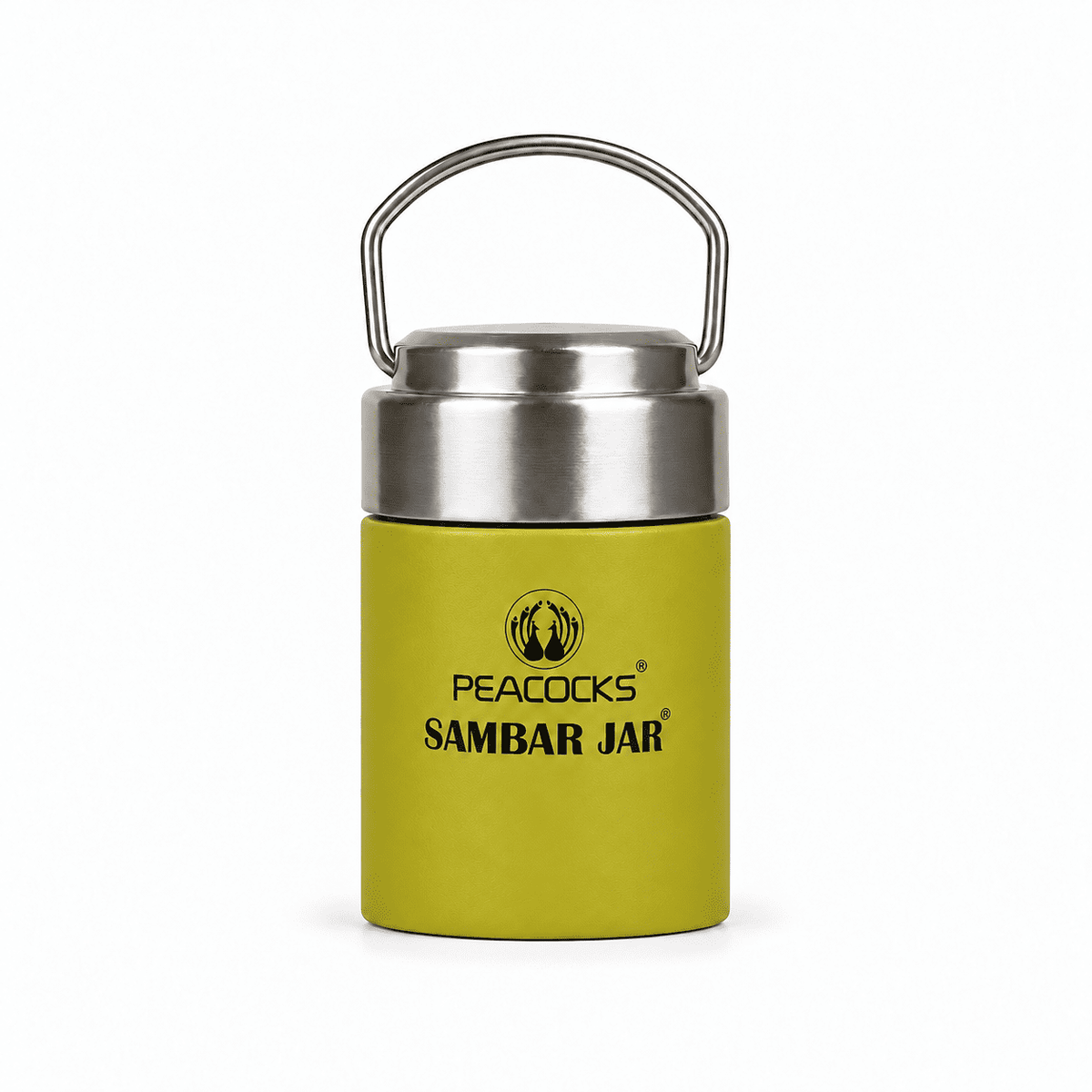 Yellow PE BIRDS Flow insulated food jar with stainless steel lid and carry handle.