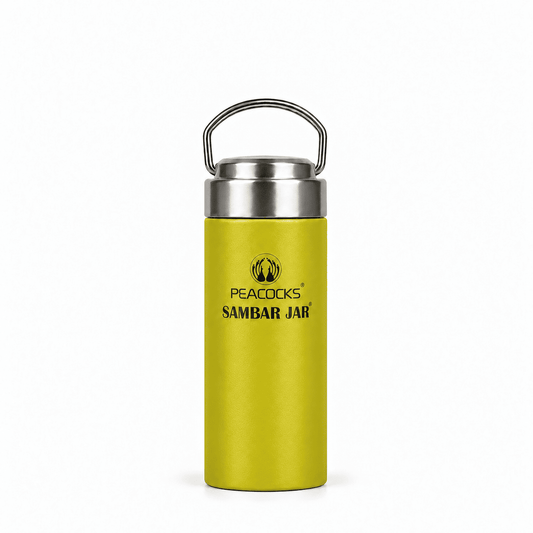 Slender yellow PE BIRDS Flow insulated food jar with steel lid and carry handle.