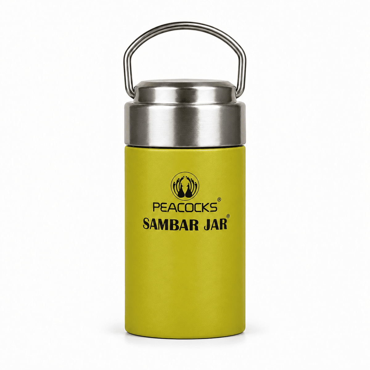 Tall yellow PE BIRDS Flow sambar jar with steel lid and carry handle, front view.