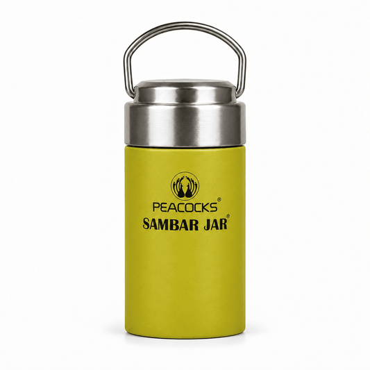 Tall yellow PE BIRDS Flow sambar jar with steel lid and carry handle, front view.