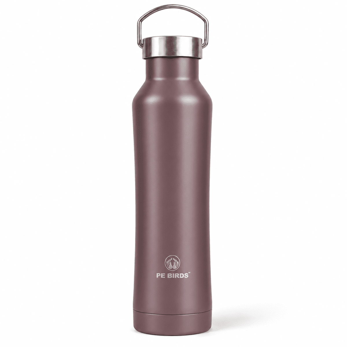 Brown PE BIRDS Hydra 750 ml insulated water bottle with stainless steel lid and carry handle.