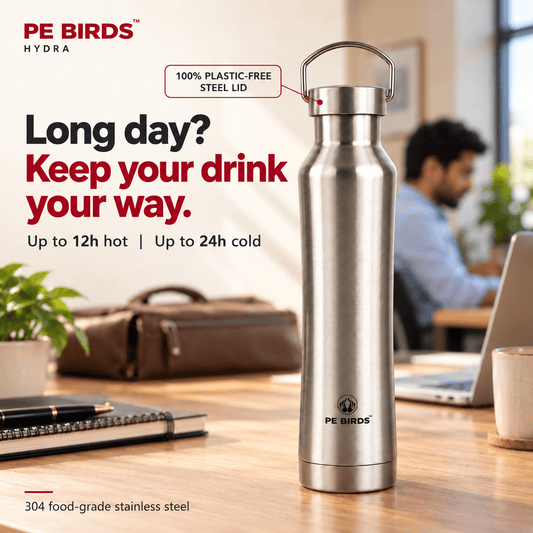 Silver PE BIRDS Hydra water bottle on an office desk, with text stating up to 12 hours hot and 24 hours cold.