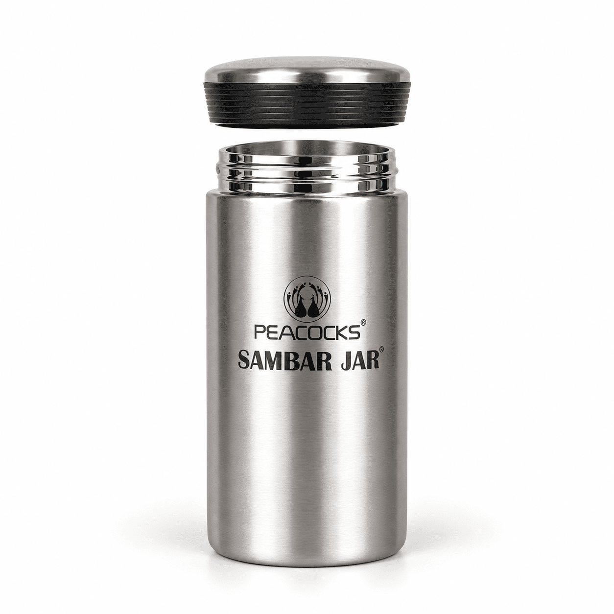 Silver PE BIRDS Reno 300 ml sambar jar with its screw lid raised above the open mouth.