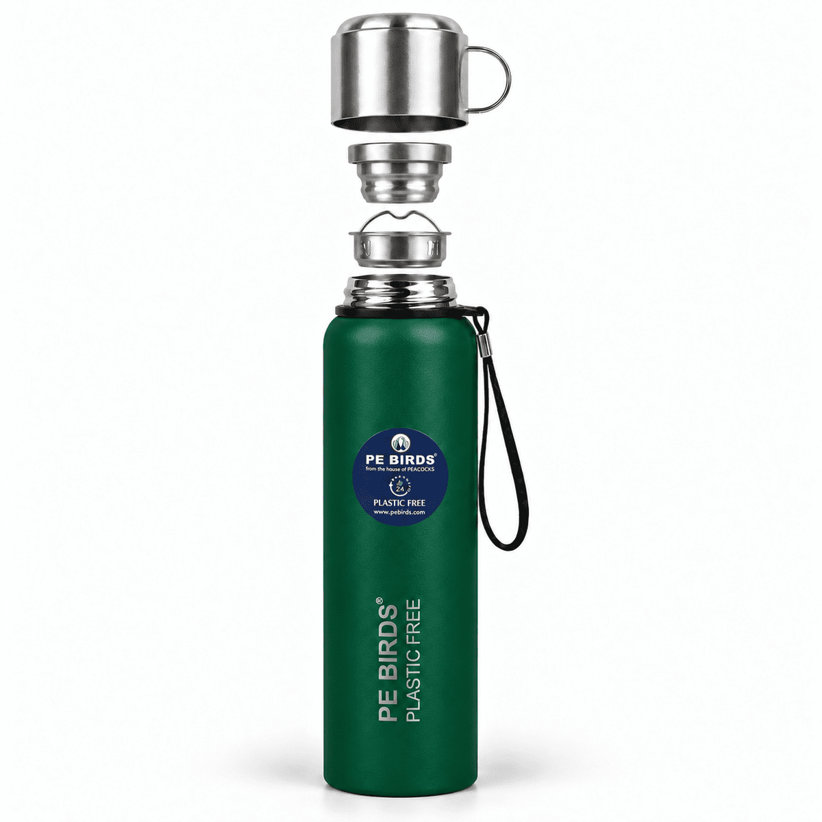 Green PE BIRDS Steel O Steel flask with steel cup-cap, stopper and removable insert shown separately.