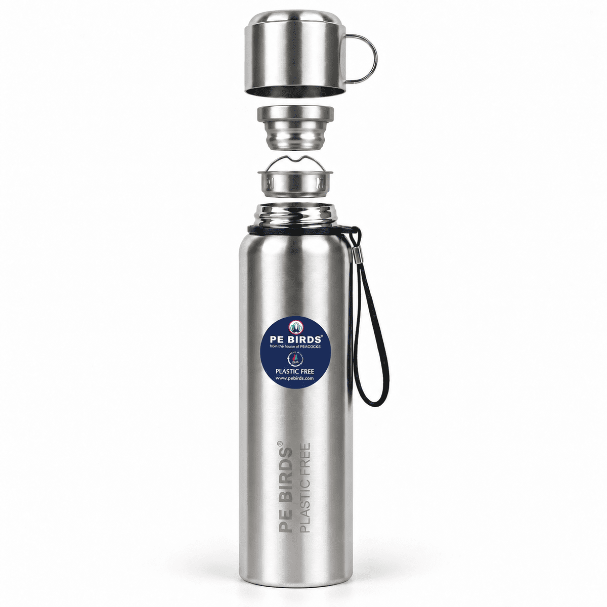 Silver PE BIRDS Steel O Steel flask with steel cup-cap, stopper and removable insert shown separately.