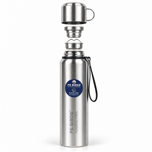 Silver PE BIRDS Steel O Steel flask with steel cup-cap, stopper and removable insert shown separately.