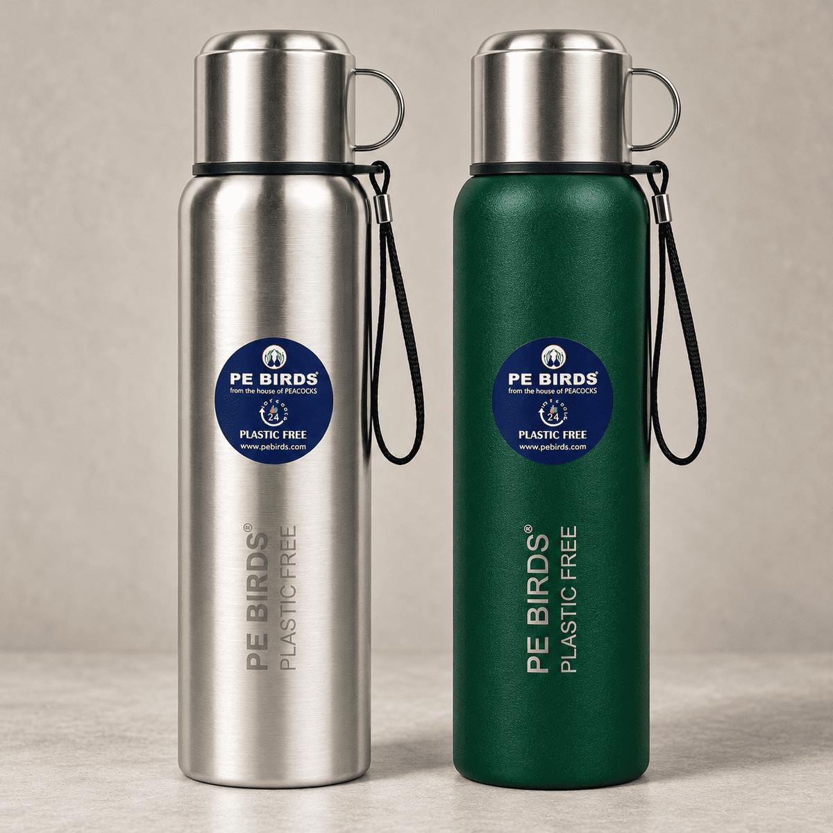PE BIRDS Steel O Steel vacuum flasks in Silver and Green with steel cup-caps and carry straps.