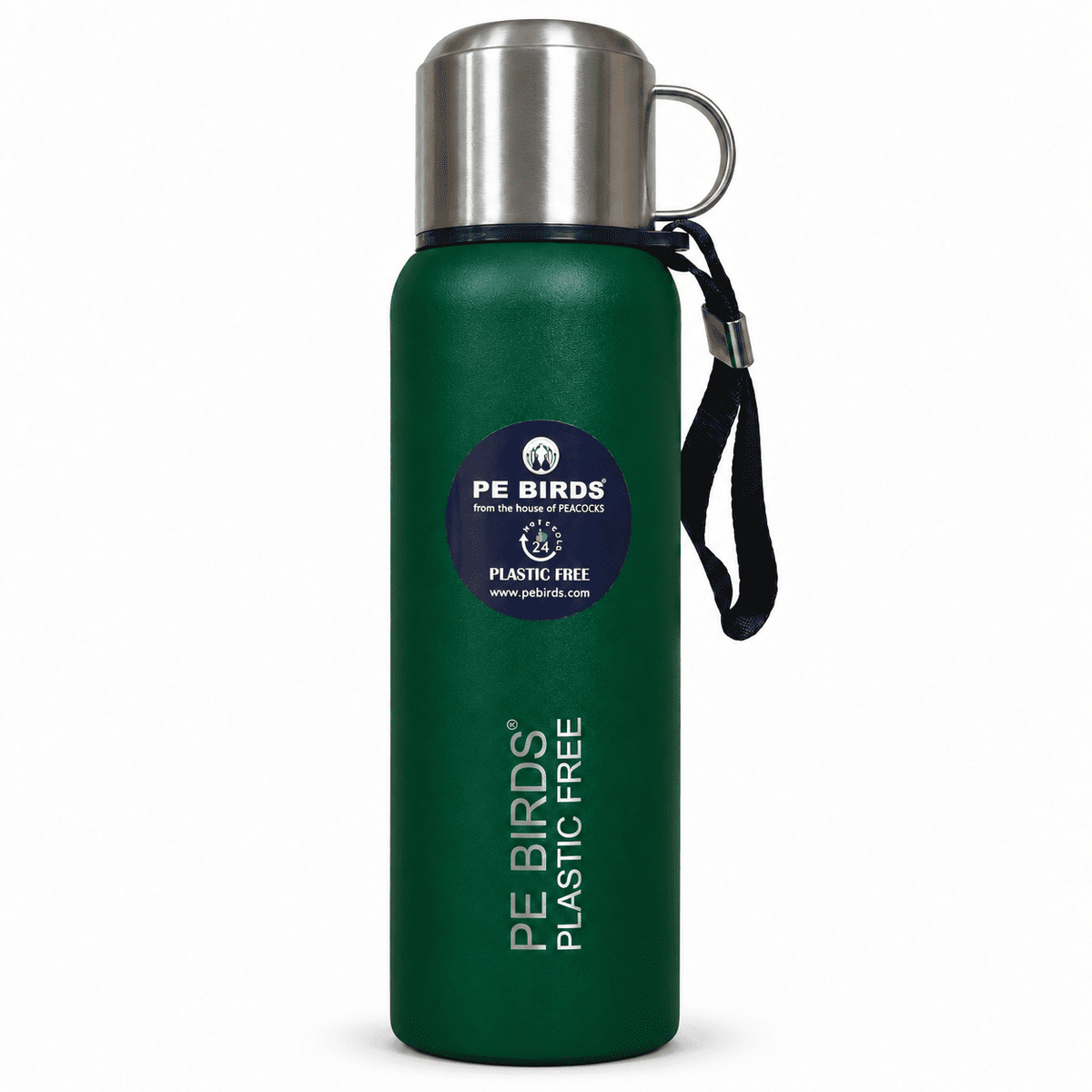 Green PE BIRDS Steel O Steel vacuum flask with stainless steel cup-cap and carry strap.