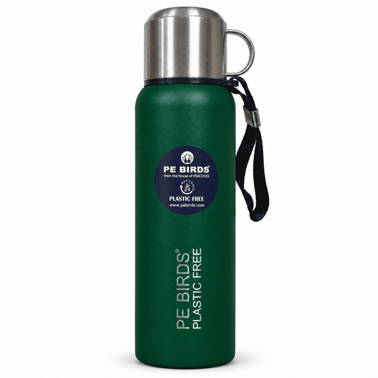 Green PE BIRDS Steel O Steel vacuum flask with stainless steel cup-cap and carry strap.