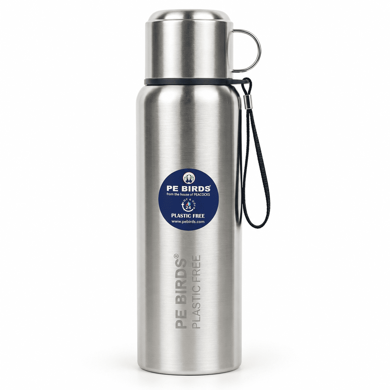 Silver PE BIRDS Steel O Steel vacuum flask with stainless steel cup-cap and carry strap