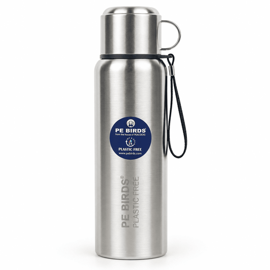 Silver PE BIRDS Steel O Steel vacuum flask with stainless steel cup-cap and carry strap