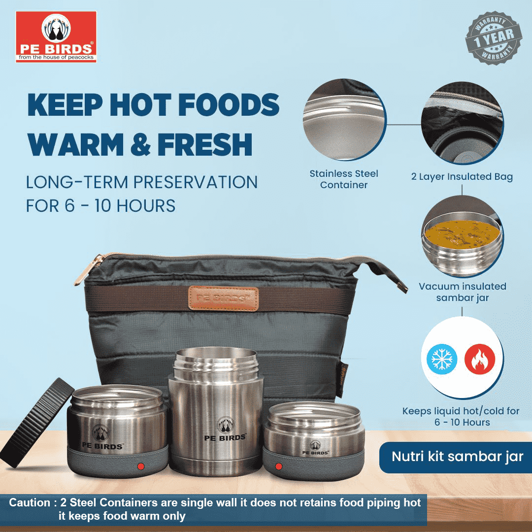 PeBirds Sambar Jar Nutri kit Lunch boxes 250ml Insulated food jar & 400ml & 300ml steel containers (the two containers are regular airtight,leakproof container) - pebirds-peacocks